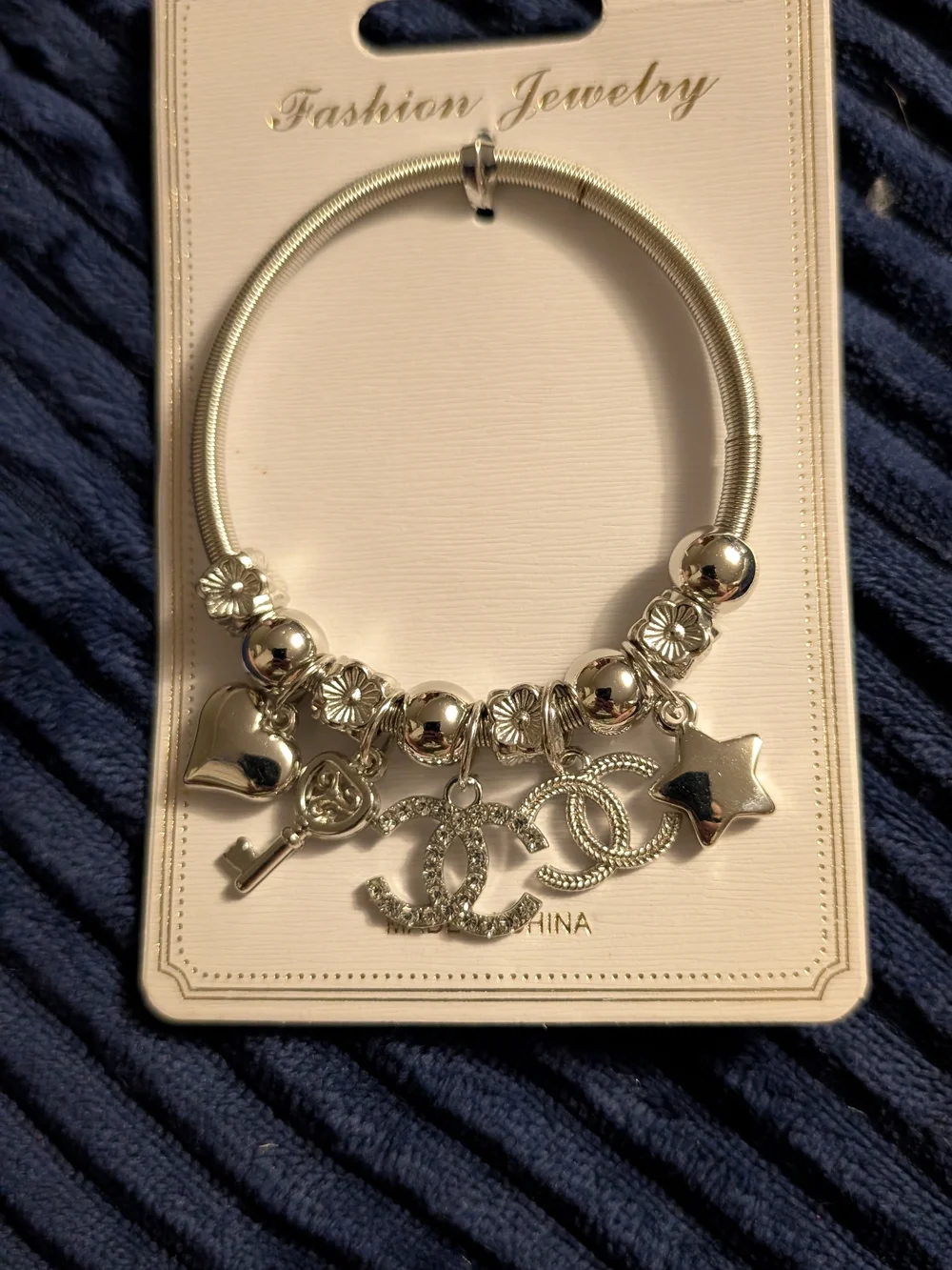 Silver Charm Bracelet with Interlocking Logo Accent